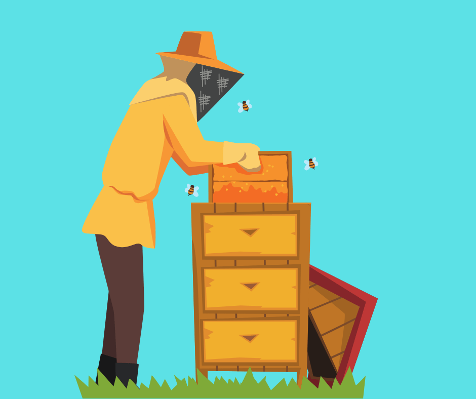 Beekeeper with hive on blue background