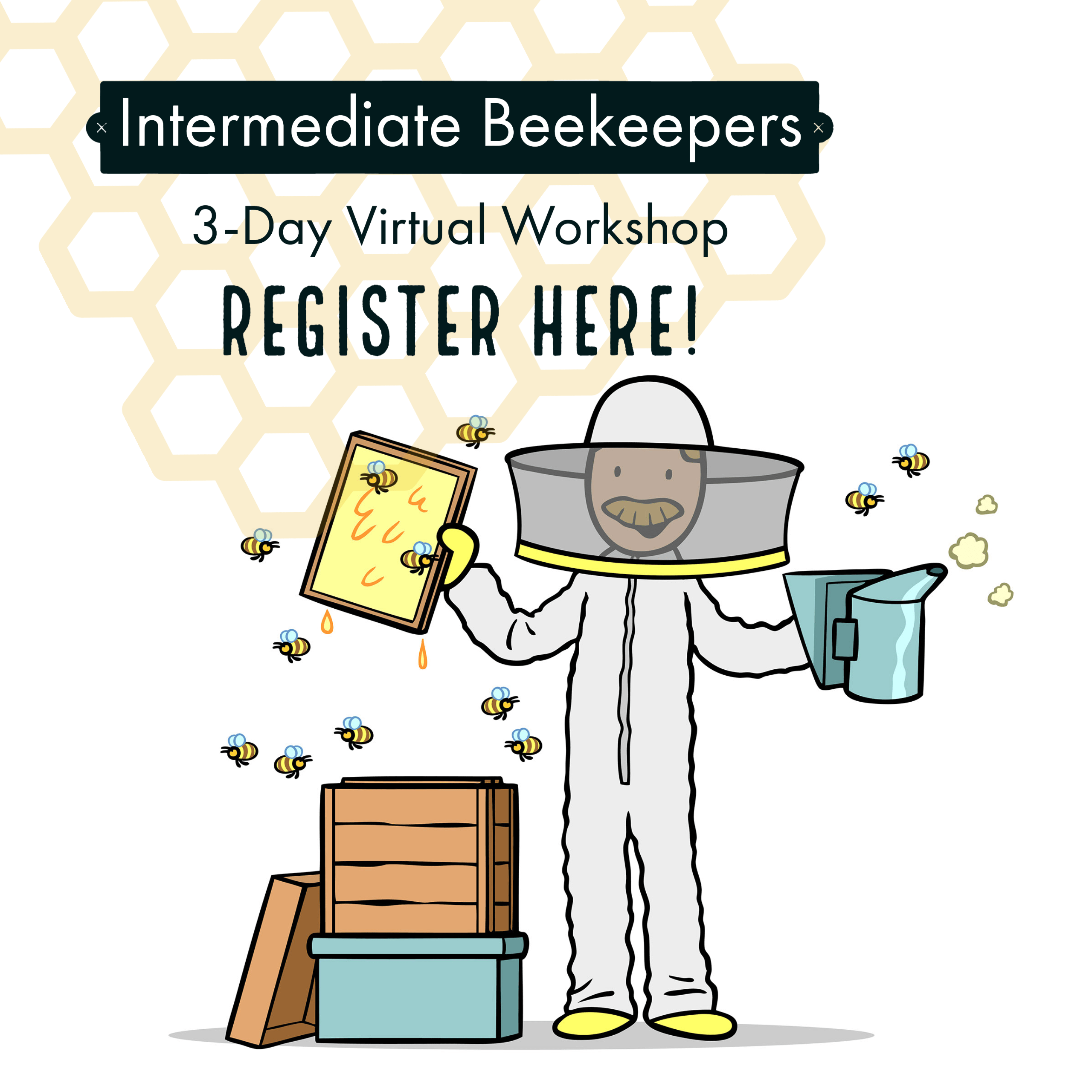 cartoon beekeeper with intermediate beekeeper workshop information